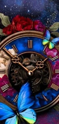 This phone live wallpaper features a close-up view of a clock with intricate details and beautiful butterfly graphics