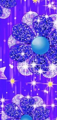 This enchanting phone live wallpaper showcases a captivating purple background with vivid blue flowers and sparkling stars