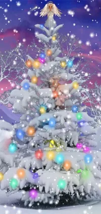Get into the holiday spirit with this stunning live wallpaper featuring a magnificent Christmas tree adorned with colorful lights set against a snowy backdrop