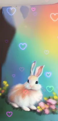 This live phone wallpaper features a beautiful painting of a rabbit amidst blooming flowers