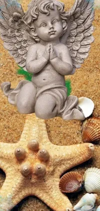 This beautiful phone live wallpaper showcases a meticulously detailed statue of an angel perched delicately on top of a starfish