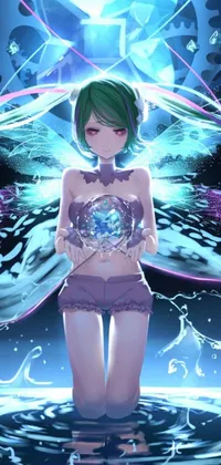This live phone wallpaper displays a vibrant anime drawing of a girl with green hair and a glowing orb, standing in water