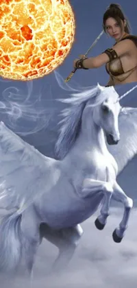 This phone live wallpaper showcases a stunning white horse carrying a powerful sorceress, dressed in an outfit fitting her position