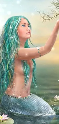 This phone live wallpaper features a highly realistic depiction of a graceful mermaid sitting on a rock by the water's edge, surrounded by a vibrant world of blues, purples, and greens