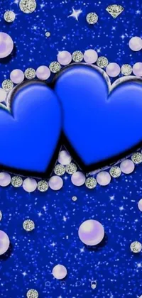Enjoy the mesmerizing effect of this phone live wallpaper, featuring two blue hearts surrounded by sparkling diamonds on a captivating blue background