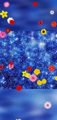 This stunning phone live wallpaper features a beautiful arrangement of flowers floating in the air against a serene starry background