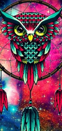 This phone live wallpaper showcases a colorful galaxy-themed owl sitting on a dream catcher