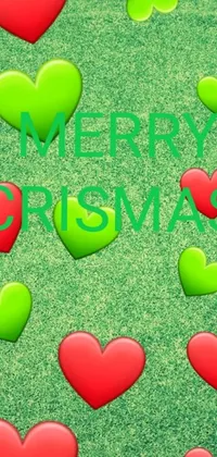 This phone live wallpaper showcases a colorful scene with heart shapes floating above a bright green field