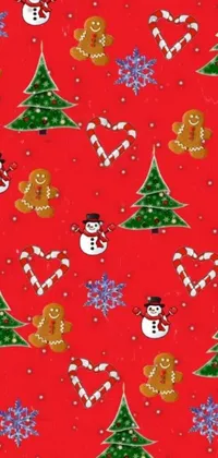 Looking for a festive live wallpaper to brighten up your phone during the holiday season? Look no further than this beautiful design, featuring a bold red background, charming Christmas trees, cute snowmen, and playful gingerbread men
