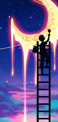 This phone live wallpaper features an eye-catching concept art depicting a person standing on a ladder and reaching for the moon