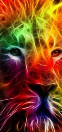 This phone live wallpaper showcases a colorful and mesmerizing portrayal of a lion's face, brought to life through digital rendering and psychedelic art techniques