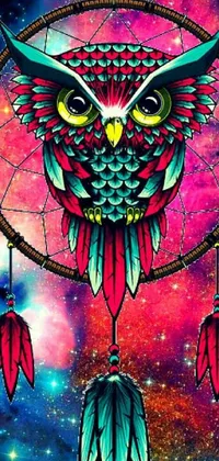 This live wallpaper displays an intricate dream catcher adorned with a captivating owl