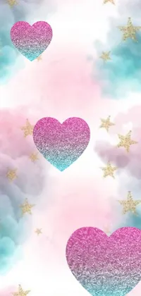 This phone live wallpaper showcases a pink and blue cotton fabric heart floating among stars in a stunning white-clouded fairyland