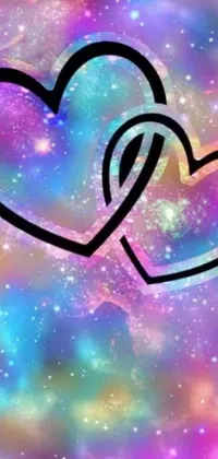 This cute and dreamy live wallpaper for phone features intertwined hearts and spades, surrounded by a Lisa Frank inspired design and a tumblr-style background with a touch of light and space
