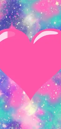 This phone live wallpaper features a pink heart with a twinkling galaxy in the background