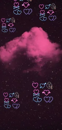 Get lost in the enchanting world of this live phone wallpaper - a stunning pink cloud adorned with twinkling hearts and holograms