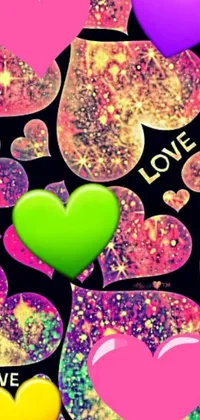 Add a pop of color to your phone's background with this vibrant live wallpaper! Featuring a variety of hearts in different shapes and sizes, this dynamic design boasts a playful mix of colors ranging from bold greens and pinks to subtle shades