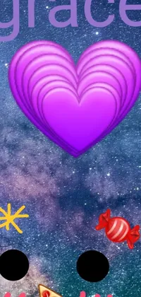 This dynamic live phone wallpaper features a heart-shaped slice of candy pizza set amidst a cosmic, purple space background