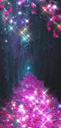 Transform your phone with a mesmerizing live wallpaper featuring a forest in full bloom with pink flowers