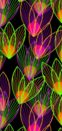 This live wallpaper for your phone is a colorful and captivating display of stylized flowers against a black background