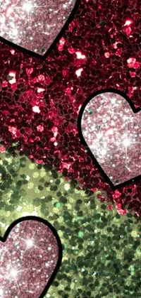 Bring some love and sparkle into your device screen with this Glitter Hearts Live Wallpaper! This beautiful wallpaper features glittery hearts that gracefully move against a warm red and green background