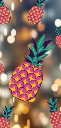 This phone live wallpaper showcases a delightful and imaginative digital art featuring a group of pineapples in the air