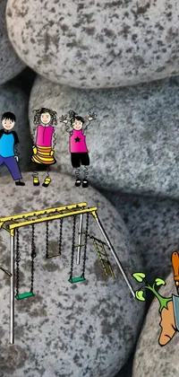 This dynamic live phone wallpaper features a variety of engaging short scenes, including a group of children playing on a swing set, a cave painting, a colorful manga panel, rocks and metal, a game screen, a search-for-the-hidden-object game, abstract geometric shapes, a nature scenic view of trees and mountains, and a calming ocean wave