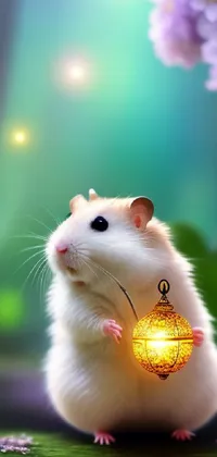 This live wallpaper showcases a cute hamster clutching a lantern in its mouth, set against a background of shimmering golden fireflies