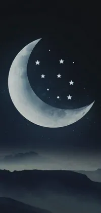 This beautiful phone live wallpaper showcases a digital art night sky with a crescent moon and twinkling stars