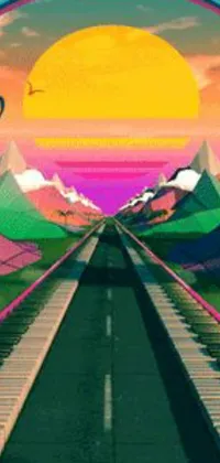 This stunning live wallpaper features a rainbow over a curving road amidst majestic mountains and is created in a neo-fauvist style
