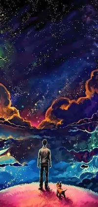 This space-themed live wallpaper showcases a man and his dog on top of a hill, surrounded by colorful clouds and a sea of stars
