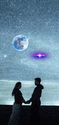 Customize your phone screen with a mesmerizing live wallpaper! Featuring a romantic scene of two individuals holding hands under a starry sky, this digital art wallpaper by Lucia Peka is sure to captivate you
