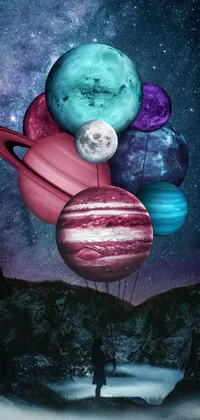 This phone live wallpaper features a man standing in a field holding planets, with a purplish space background, and Jupiter, Uranus and Neptune in sight