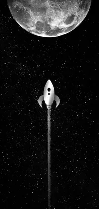 This live space wallpaper showcases a striking black and white photograph of a rocket against a moon background