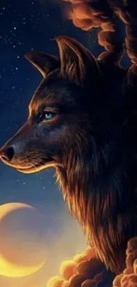 This stunning phone live wallpaper depicts a lone wolf gazing up at a luminous full moon against a dark night sky