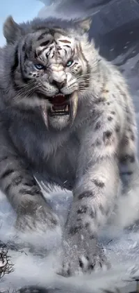 This stunning phone live wallpaper features a powerful white tiger running through the snow