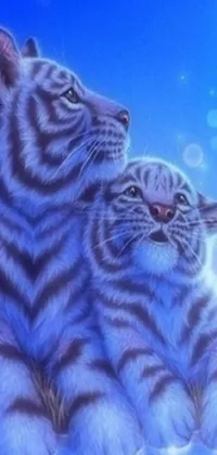 Get swept away by the adorable duo of feline friends featured in this phone live wallpaper! The airbrushed image showcases a stunning sumatraism style in a mesmerizing blue color with contrasting tiger stripes