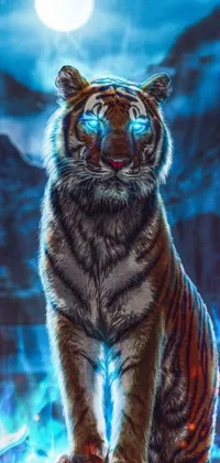 This live wallpaper depicts a realistic tiger standing atop a rock underneath a full moon against an altered carbon style design