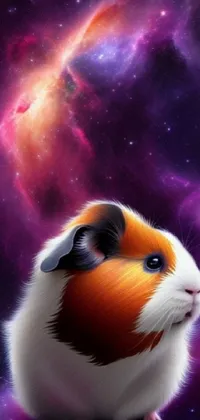 This phone live wallpaper showcases a charming cartoon animal sitting amid a lush green field, with a captivating space-themed background featuring a red and purple nebula