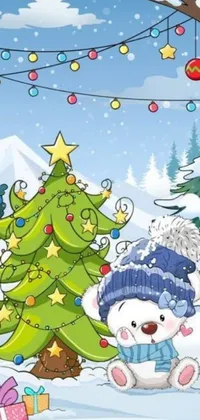 This live phone wallpaper features a charming scene of two cute teddy bears and a beautifully decorated Christmas tree
