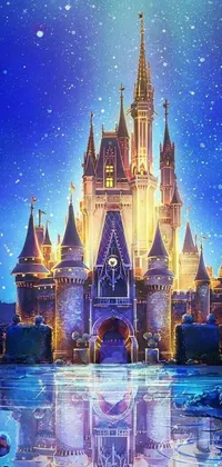 This phone live wallpaper showcases a beautiful castle sitting atop a frozen lake, surrounded by a magical atmosphere of sparkling snowflakes and twinkling lights