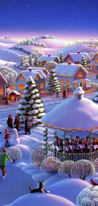 This phone live wallpaper depicts a beautiful Christmas village in a snowy landscape as a naive art painting