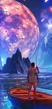 This phone live wallpaper showcases a man perched atop a boat in waters amplified by digital art