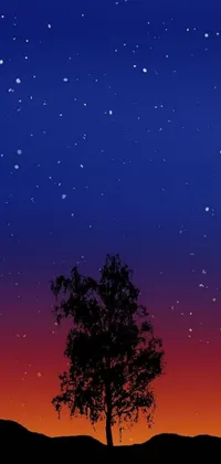 This stunning phone live wallpaper features a captivating silhouette of a lone tree against a night sky in a red and blue, digital art style