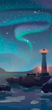 This stunning live wallpaper features a low-polygon art illustration of a lighthouse standing atop a rocky outcropping in the middle of the water