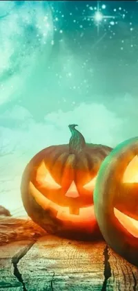 This Halloween-inspired live wallpaper features digital art depicting two pumpkins on a rustic wooden table