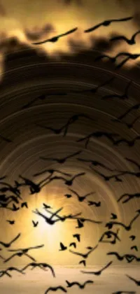 This phone live wallpaper features stunning digital art depicting a flock of birds soaring through the bright blue sky