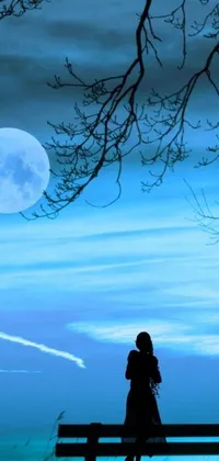 This mobile live wallpaper showcases a serene scenery of a bench in front of a full moon