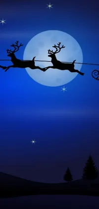 This stunning live wallpaper showcases a beautiful, festive scene of Santa Claus and his reindeer flying across a full moon