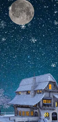 This phone live wallpaper showcases a quaint snowy house under a starry sky with a full moon in the backdrop